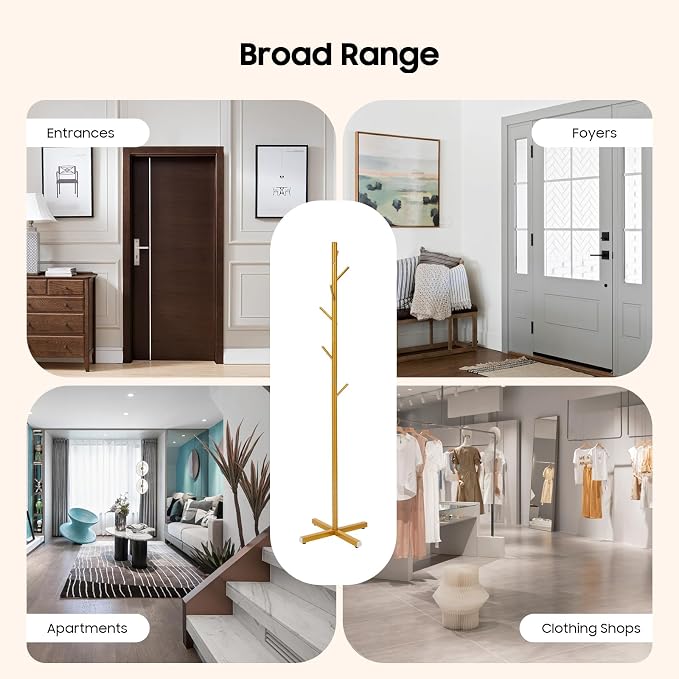 Metal Coat Rack Stand, Modern Coat Rack Freestanding with 7 Hooks, Coat Racks Easy to Assemble, Coat Tree Stand for Bags, Hats, Entryway, Office (Golden)