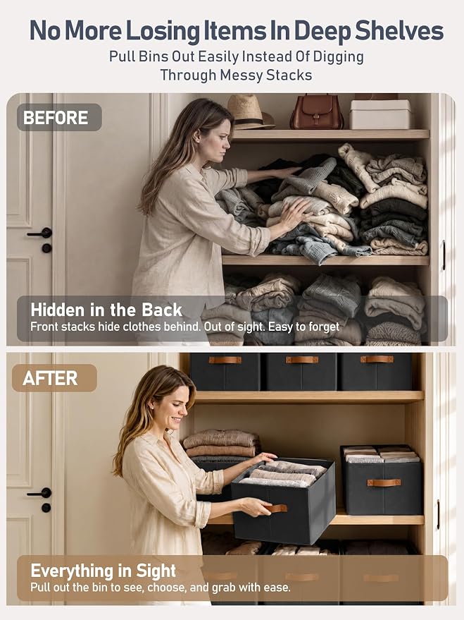 4 Pack Large Closet Storage Baskets Bins for Shelves, Collapsible Fabric Closet Organizers and Storage with Polyester Handles, Decorative Baskets for Organizing Clothes, Towels, Linen Closet 14"x10"