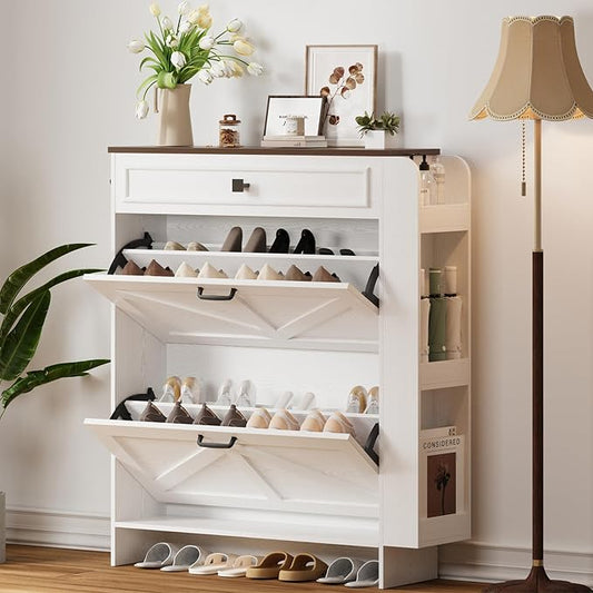 IRONCK Shoe Storage Cabinet with 2 Flip Drawers & Barn Door, White/Walnut | Freestanding Shoe Cabinet Organizer with Drawer and Shelves for Entryway, Farmhouse Shoe Rack Cabinet