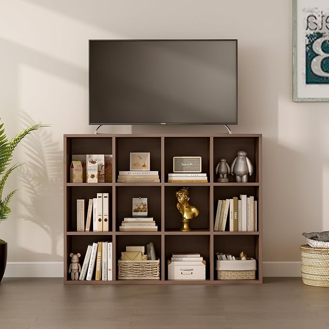 OSCHF 12-Cube Storage Shelf Bookcase, Walnut | Wooden 3-Tier Open Bookshelf, Fits 11×11" Bins, Vertical or Horizontal Use, Full Back Panels, For Home Office