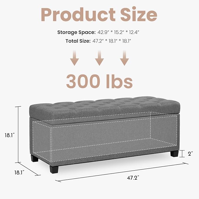 Living&Giving Storage Ottoman Bench for Bedroom, 47.2", Grey | 47.2-inch storage ottoman with safety hinge, tufted upholstered seat and spacious hidden storage for everyday organization.