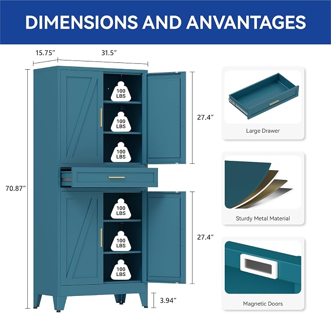 COFaR 71'' Tall Metal Pantry Cabinet with Drawer, Kitchen Storage Cabinet with 4 Doors and Shelves, Freestanding Farmhouse Food Cupboard for Kitchen Dinning Room Garage, Peacock Blue 6-Tier