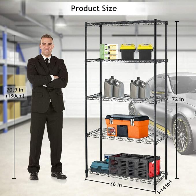 BestOffice | 5-Tier Wire Shelf | 36" x 14" x 72" | Black | Storage Shelves with Adjustable Racks, Holds upto 1000 lbs | Rust-Resistant, No-Tool Assembly | For Home, Garage
