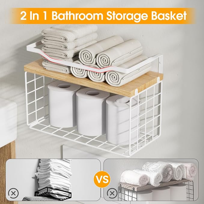 Towel Racks for Bathroom,Towel Rack Wall Mounted, 6 Tier Rolled Or Folded Towel Holder with Floating Shelves, Bathroom Towel Holder for Bath, Hand Towels,White,Walnut Wood Panel