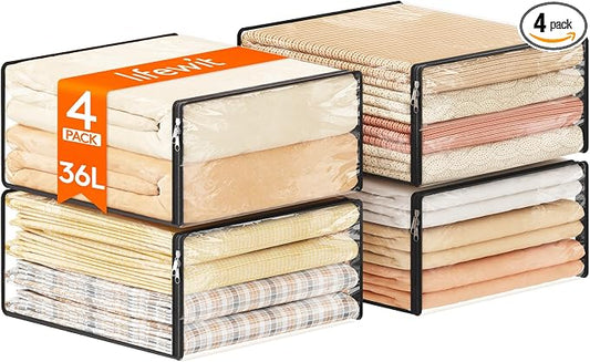 Lifewit 36L Clear Sheet Storage Bags with Zipper 4 Pack, Plastic Sweater Storage Bins for Clothing, Vinyl Foldable Clothes Containers Organizers for Closet, Blankets, Bedding 17.7 x 15.7 x 7.9 Inch