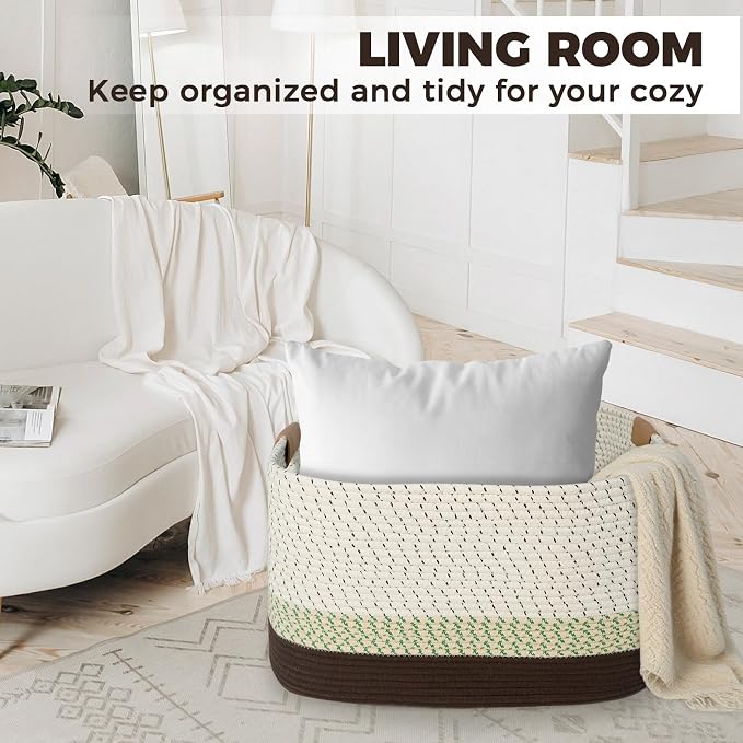 danpinera 108L Large Basket for Living Room, Nursery & Laundry, Kids Toy Basket Storage with Leather Handle, 25’’*16’’*16’’ White & Mottled Green