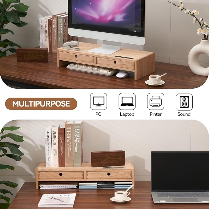 KIRIGEN Solid Wood Monitor Stand with 2 Drawers, Desk Riser, Natural PMJ-NA | Desktop Organizer with Cable Opening and Pen Slots Stores Office Supplies, Supports Up To 50 Lb and Arrives Fully Assembled.