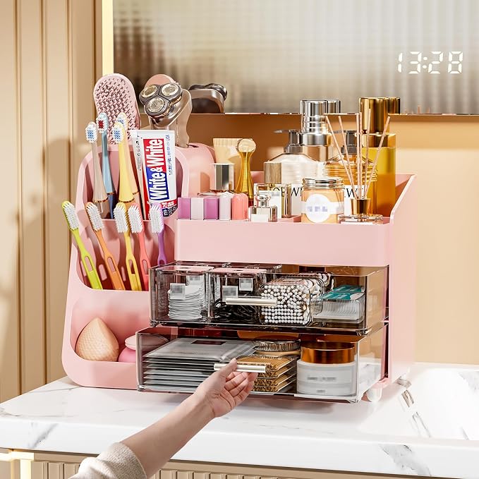 Makeup Organizer with Drawers for Vanity Bathroom Counter Organizers and Storage, Large Skincare Organizer with Brush Toothbrush Holder for Perfume, Nail Polish, Dresser, Office Supplies, Pink