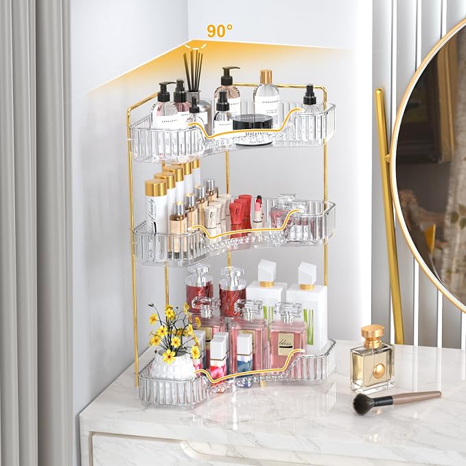 GTI 3-Tier Corner Bathroom Counter Organizer, Large Capacity Makeup Organizer Countertop, Perfume Cosmetics Skincare Vanity Organizers, Exquisite Countertop Storage for Women (Clear)