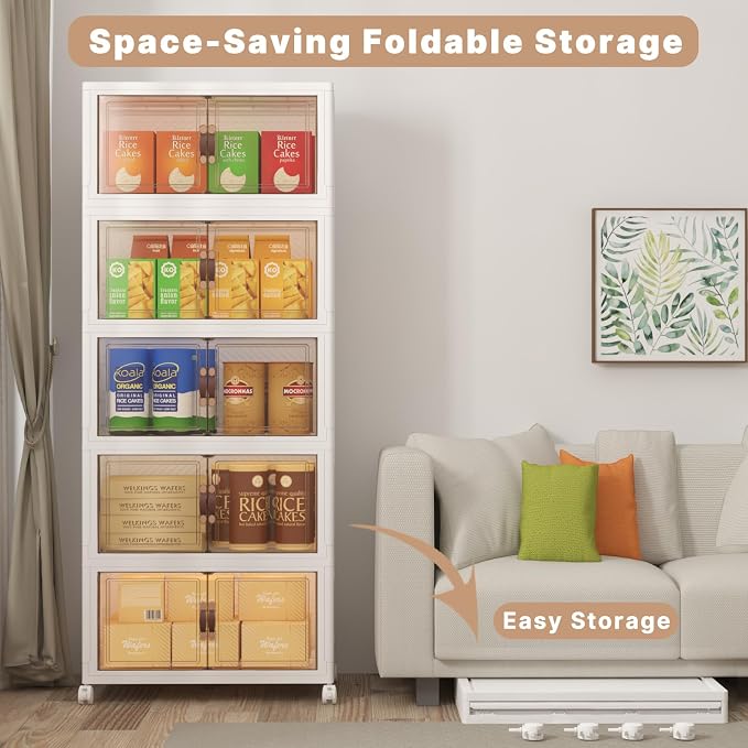 Stackable Storage Bins with Lids, 600QT Closet Organizers and Storage Cabinet with Doors & Wheels, Lockable Plastic Foldable Drawers for Bedroom Dorm Office Garage（120QT*5,White）