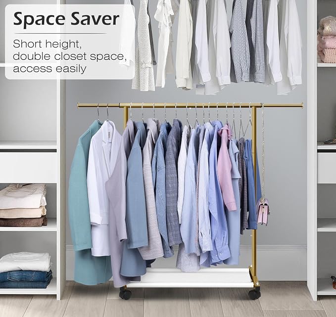 MISSLO Short Clothing Racks for Hanging Clothes with Bottom Shelves and Wheels Heavy Duty Rolling Clothes Rack Kids Clothing Rack for Adult Coat, Closet, Wardrobe (Gold)