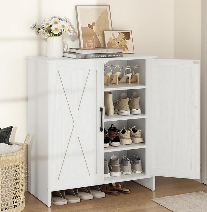 Farmhouse Shoe Storage Cabinet with Doors, 5-Tier Wooden Shoe Cabinet Organizer with 3 Adjustable Shelves, Shoe Rack Shoe Cabinet for Entryway, Hallway, White