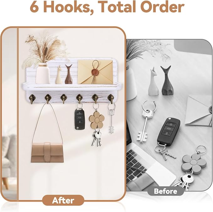 Key Holder for Wall, Mail Organizer Wall Mount with 6 Hooks Wooden Hanging Key Rack for Home Decor, Hallway, Entryway (Vintage White)