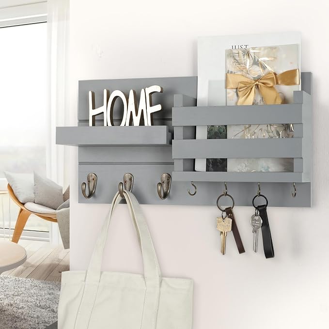 Lwenki Mail Organizer for Wall Mount – Key Holder with Shelf Includes Letter Holder and Hooks for Coats, Dog Leashes – Rustic Wood with Flush Mounting Hardware (16.5” x 8.7” x 3.5”) (Gray)