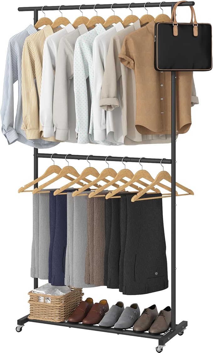 Sywhitta Double Rod Metal Clothing Rack on Wheels with Bottom Mesh,Black | Rolling Garment Organizer, for Hanging Clothes,Coats,Easy to Assemble,Space-Saving,Mobile Organizer for Closet