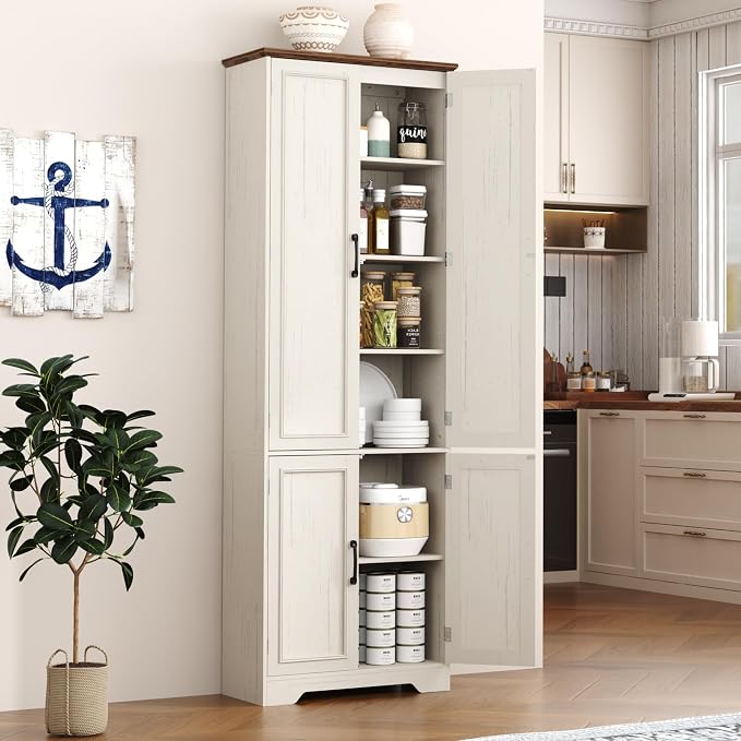 Function Home Farmhouse Kitchen Pantry Cabinet, 72" Tall Storage Cabinet with Doors and Adjustable Shelves, 6 Tier Freestanding Cupboard for Dining Room Living Room Bathroom, Antique White & Brown Top