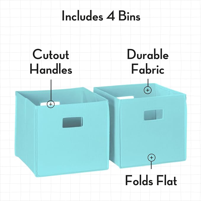 RiverRidge Folding Storage Bins - 4-pack of 10in Tall Aqua Cubes | Fabric Bins, Set of 4 Storage Cubes, Cut-out Handles, Playroom Closet Organizer, Collapsible Cubby with Bottom Board Insert