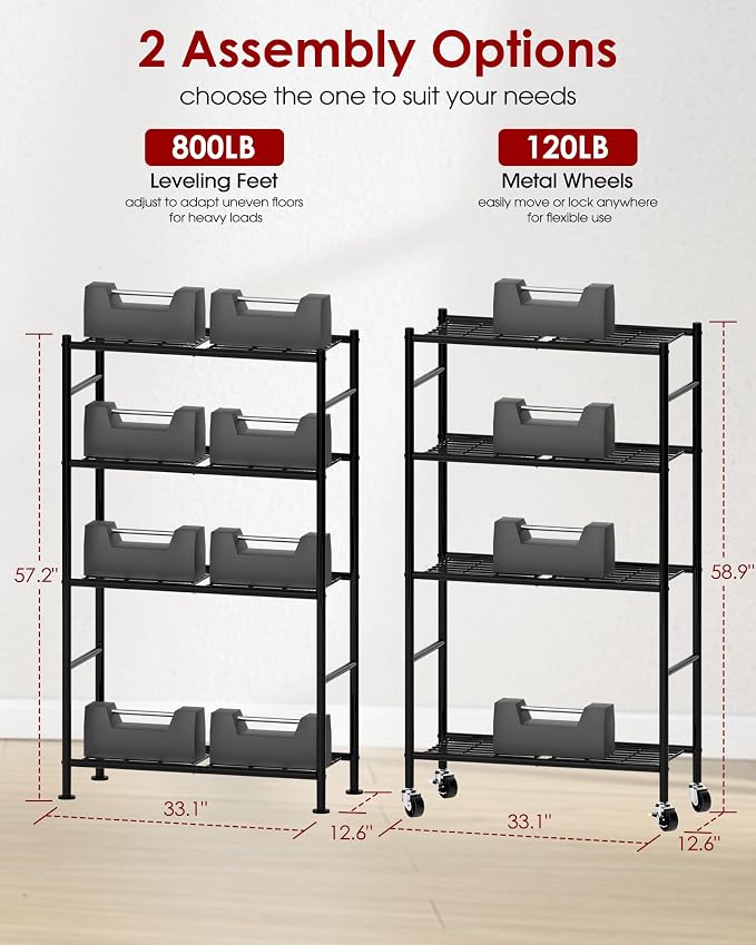 Sakugi 4-Tier Storage Shelves 33.1" x12.6" x58.9" Black with Wheels | Kitchen, Closet, Pantry, Garage, Heavy Duty, Adjustable Feet, Metal Construction