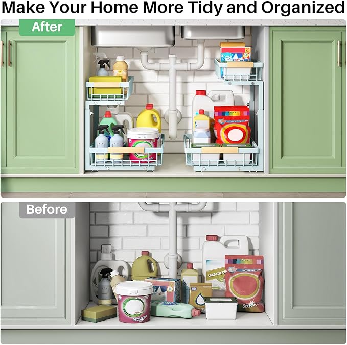 Kitstorack Under Sink Organizer, 2 Tier Under the Sink Storage, Slide out Pull out Cabinet Organizer Shelf, Metal Sliding Drawer for Kitchen Bathroom Pantry Closet Organization Rack, Blue, 1 Pack