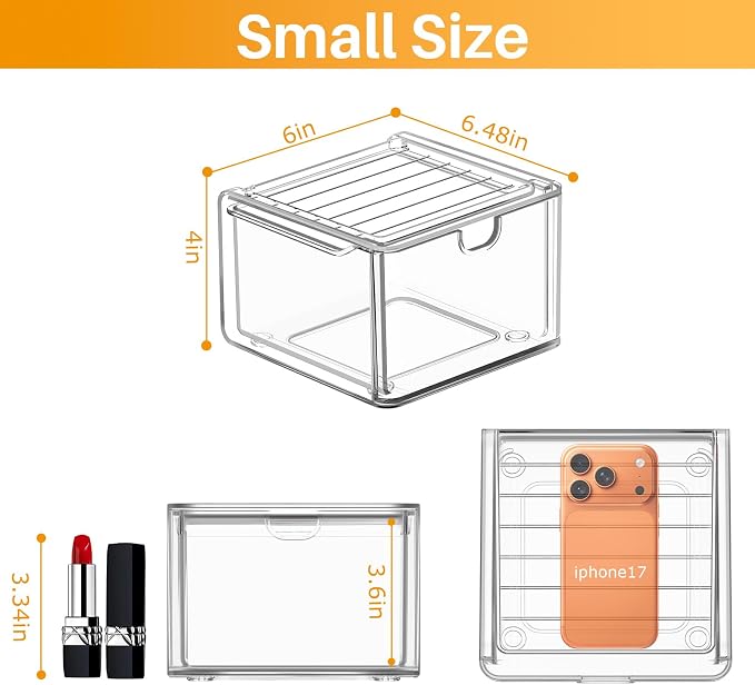 caktraie 6-Pack Stackable Acrylic Storage Drawers, Small | Smooth-glide drawers, stackable, clear body, dustproof, wipe clean, 6 small, for art tools, makeup, under sink, pantry