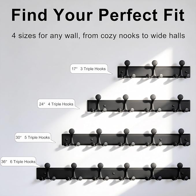 SKOLOO 12 Hooks Wall Mounted Coat Rack, 24 Inch Modern Coat Hanger for Entryway, Bathroom, Garage, Lightweight with 16 Inch Stud Spacing Design, Matte Black(Pack of 2)