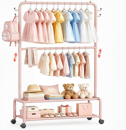 Rolling Kids Clothing Rack: 360° Wheels 2 Lockable for Easy Moving | 44 lb Hanging Capacity Metal Garment Rack with 2 Storage Shelves & 4 Hooks for Baby Toddler Young Kids, Pink