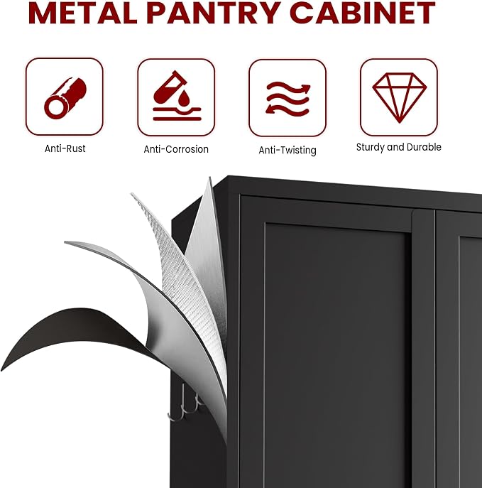 AQY Kitchen Pantry Cabinet,61" Black Pantry Storage Cabinet with 4 Tier Adjustable Shelves and 2 Doors,Freestanding Cupboard,Metal Pantry Cabinets with Handle for Living Room Kitchen Assembly Required