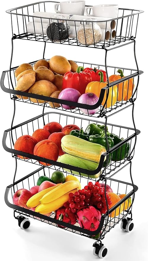 Fruit Vegetable Storage Basket, 4 Tier Stackable Metal Wire Storage Baskets with Wheels, Fruit Vegetable Produce Basket Organizer Bins for Kitchen, Pantry, Bathroom