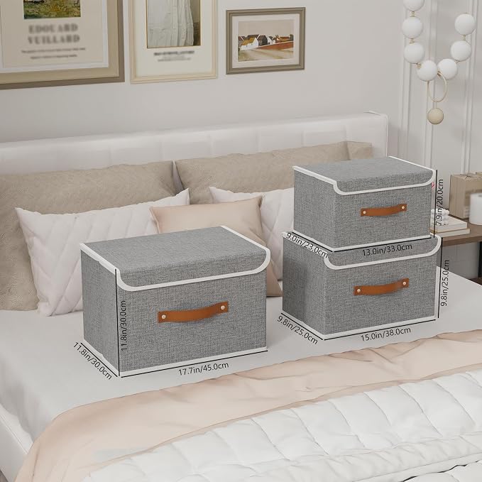 Yawinhe Storage Bins with Lids,Grey,17.7x11.8x11.8in,5-Pack | Fabric Container with Leather Handle,Washable Home Basket, Clothes Blanket Storage Boxes,Collapsible Closet Organizer