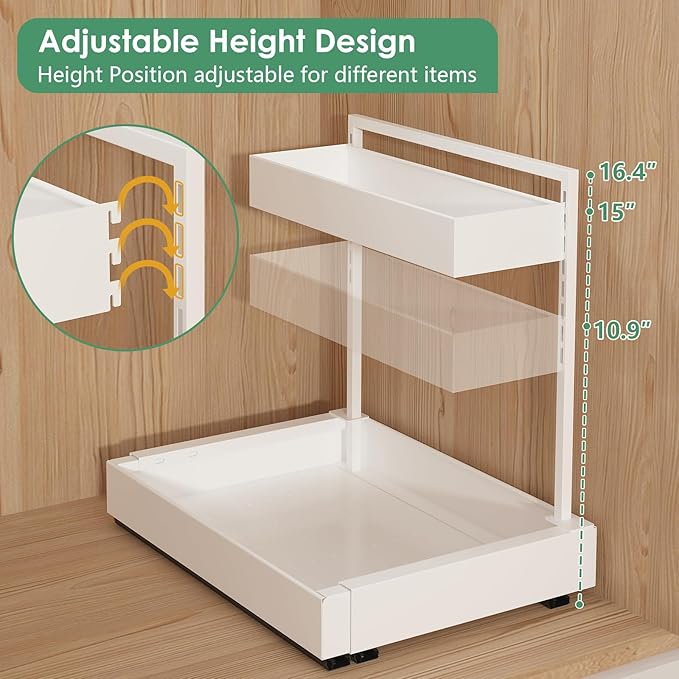 Expandable Under Sink Organizer with 6-Level Height Adjustment | Expandable Width, Pull-Out Cabinet Storage Rack with Quiet Sliding Rails for Kitchen, Bathroom, Laundry Room Cabinets, White