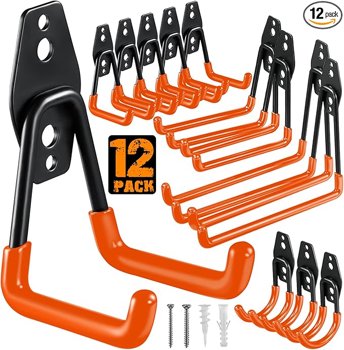 HUPBIPY 12 Pack Garage Hooks Heavy Duty, Wall Mount Ladder Hooks | Storage Organizer With a non-slip coating for Hanging Bicycles Garden Tools Ladders Hoses Ropes and Loose Items(Orange)