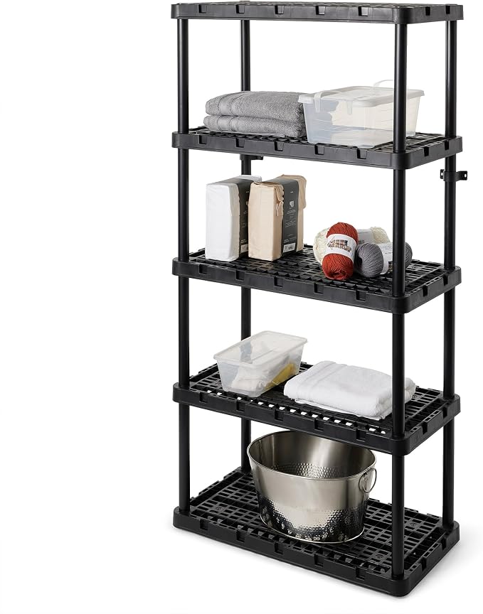 Gracious Living 5-Shelf Plastic Storage Shelves, Heavy-Duty Garage Shelving Unit, Black - Standing Organizer Rack for Kitchen, Bathroom, and Laundry Room