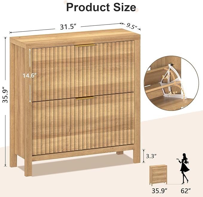 Fluted Shoe Cabinet Storage with 2 Flip Drawers for Entryway, Hallway | Narrow Shoe Rack Freestanding Shoe Organizer with Legs for Entryway，Hallway, Oak