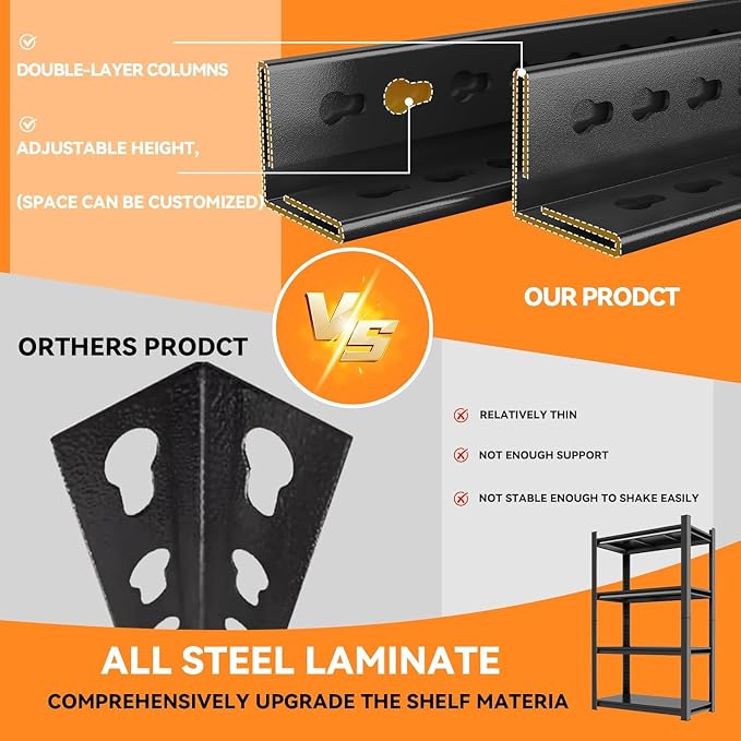 46''W Garage Shelving Heavy Duty Metal Storage Shelves Series, Large Industrial 4tier Shelving Unit for Basement, Business, Factories, Commercial, Warehouse and Workshop (54''Hx46''Wx16''D, Black)