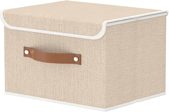 OUTBROS Storage Boxes, 10.2x7.9x6.7 in Bins with Lids, Beige | Cotton and linen cloth Storage Baskets with Handle, for Books, Closet, Bedroom, Home