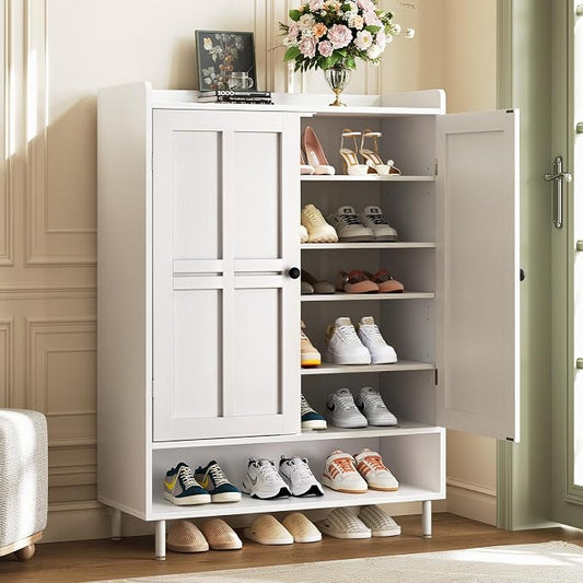 ComfyCorner White 7+1 Tier Farmhouse Shoe Storage Cabinet - 45" Tall Entryway Organizer with Cross Molding Doors, 3 Adjustable Shelves & Metal Legs, Shoe Rack for Front Door Entrance