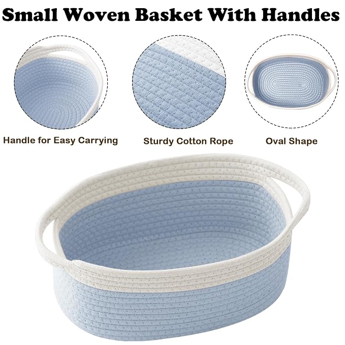 Woven Rope Basket - Baby Gift Basket with Bag & Ribbon, White&Blue | Cotton rope with handle, 12 x 8 x 5 in, gift bag and ribbon, for baby shower, birthday, toy storage, nursery, shelf decor