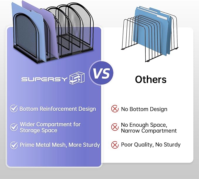 SUPEASY 5-Section File Organizer for Desk, Metal File Folder Holder, Black | 5 Vertical Compartments with Sturdy Metal Base for Office Documents Books Magazines and Laptop
