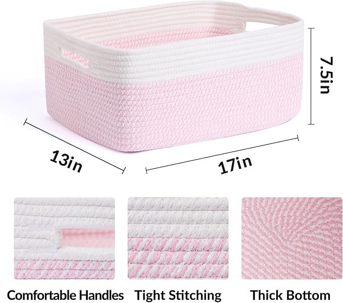 MiniArk Large Storage Baskets for Shelves, 17 x 13 x 7.5” Closet Organizers Bins for Clothes Blanket Towels, Baby Nursery, Toy Baskets Box, Woven Rope Baskets, 2 Packs Woven Pink