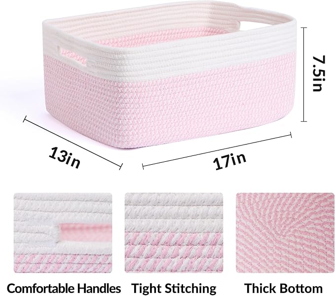 MiniArk Large Storage Baskets for Shelves, 17 x 13 x 7.5” Closet Organizers Bins for Clothes Blanket Towels, Baby Nursery, Toy Baskets Box, Woven Rope Baskets, 3 Packs Woven Pink