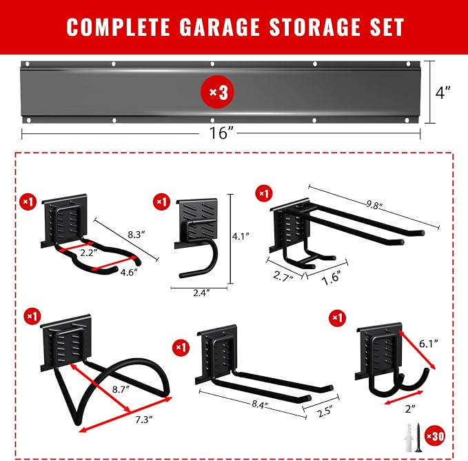 Garage Tool Organizer Wall Mount, Easy to 48inch Install Heavy-Duty Garage Storage System with 6 Adjustable Hooks, Garden Tool Rack for Shovels, Rakes, Yard Tools