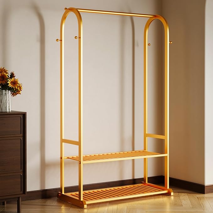 Gold clothing rack with bottom Storage shelves and 6 side hooks,Sturdy metal clothes rack for Hanging Clothes,Modern garment rack Wardrobe Rack for Bedroom or Boutique