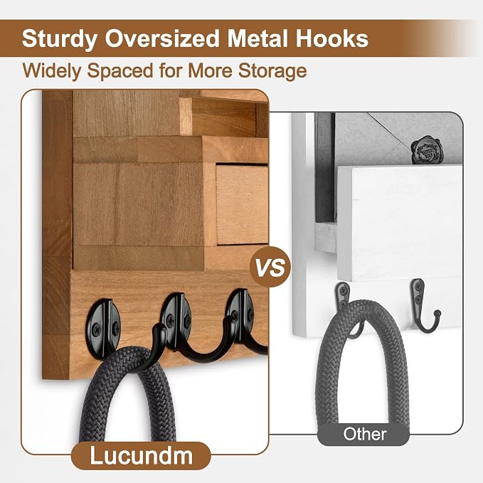 Key Holder Wall Mount, Mail Holder with Storage Drawer and 5 Key Hooks for Coat, Dog Leash, Home Decor Rack, House Accessories, Entry Way Organizer (Wood)