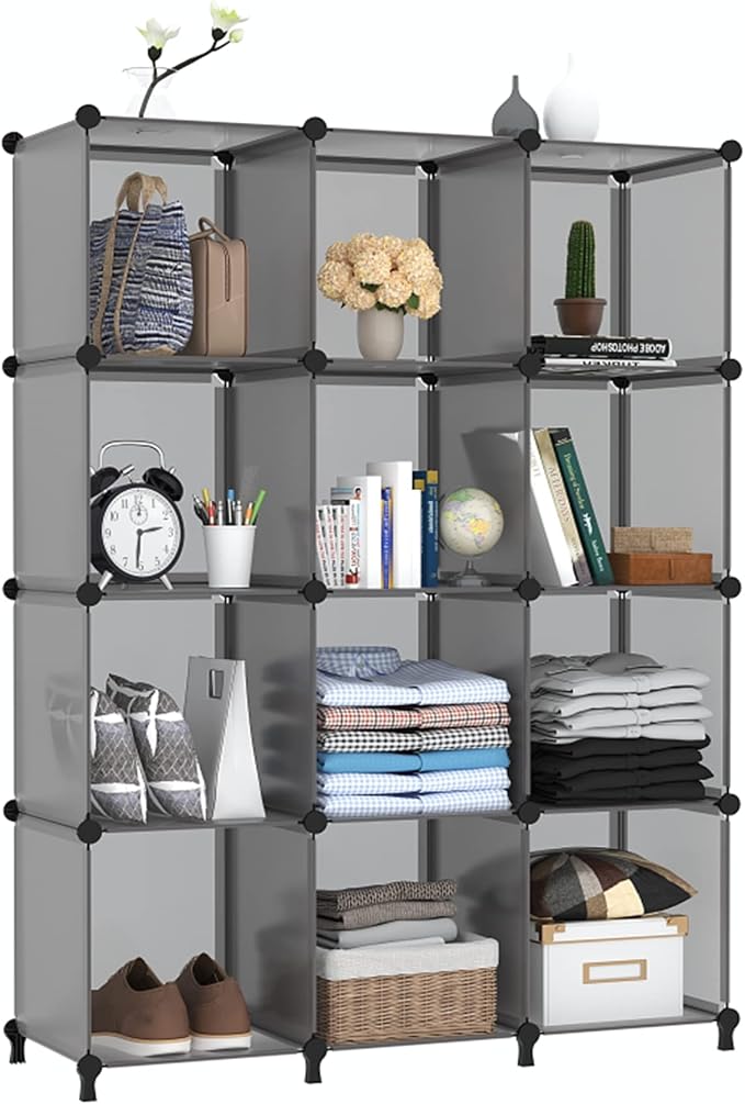 AWTATOS 12 Cube Storage Organizer, Closet Organizer Storage Shelves, Grey | Portable Closet Organizers, DIY Stackable Storage Cubes Shelves Bookshelf, Plastic Clothes Shelving for Home, Bedroom