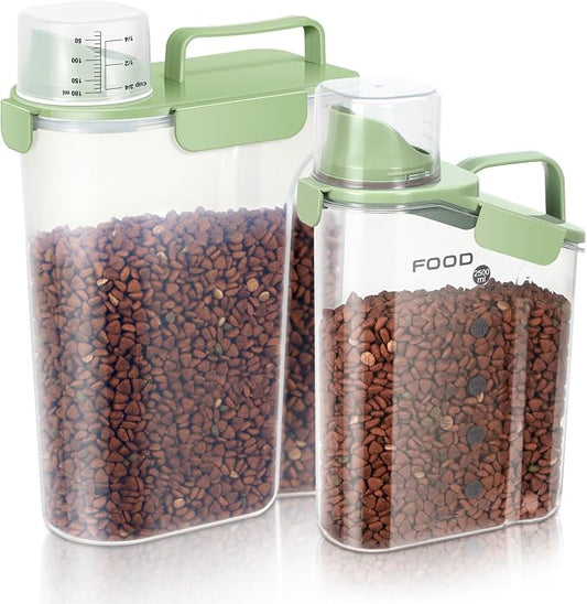 LEAWALK 5-7Lbs Dog Cat Food Storage Container with Upgraded Large Nozzle BPA-free, 4 Snap Seals Plastic Pet Food Storage Containers with Handles (Green x 2, (5L+3L) 2pack)