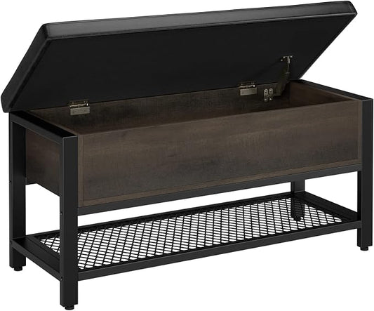 HOSTACK 40" W Storage Bench, Entryway Shoe Bench with Cushion, Dark Brown | Wood Metal Bench with Flip-Open Hidden Storage, Ottoman Bench with Padded Seat & Shoe Rack for Hallway, Bedroom, Living Room