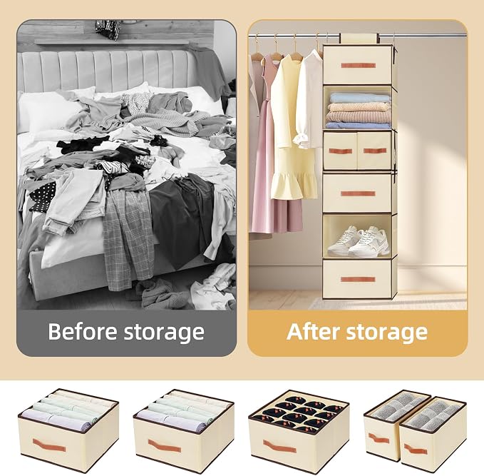 Hanging Closet Organizer 6-Shelf, Upgrade Closet Organizers and Storage with 5 Removable Drawers & 4 Side Pockets, Hanging Shelf Organizer for Closet or Garment Rack, 12.6'' x 12.6'' x 44.1'', Beige