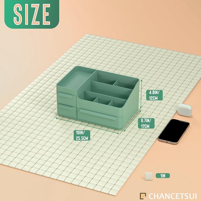 Green Makeup Organizer Countertop for Vanity: Bathroom Counter Storage | Multi Compartment Skincare Box with Drawer for Desktop Dresser Table