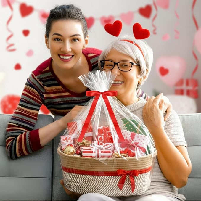 Colingmill 1 Set Woven Empty Basket for Gift,Brown Red | with Cellophane Wrap Set, 14 x 10 x 5.5 Inch, Medium Decorative Gift Basket, Cotton Rope Storage Box, Home Decor