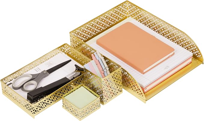 Mind Reader Gold Desk Organizer Set, Includes Pen Cup, Catchall Tray, File Box & Paper Tray, 4-Piece Metal Desktop Accessory Kit
